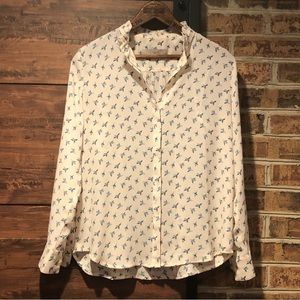 LOFT Sheer Button Up Bird Print Size XS Petite Pink Blue